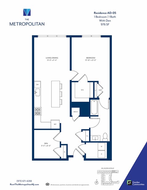 Floor plan for 1 bed, 1 bath, 976 sqft